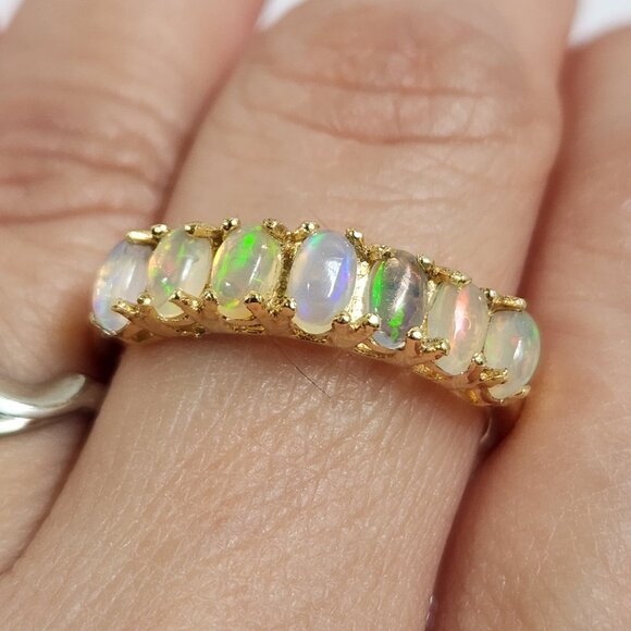 Estate Jewelry - NIB VTG 9kt Yellow Gold & 925 Natural 7 Opal Ring Sz 9 Never Worn MINT